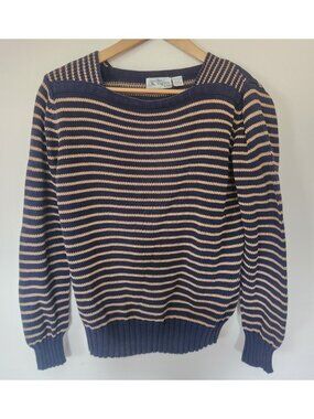 Vtg. The Eagle's Eye Women's Sz. M Cotton Khaki & Navy Stripe Sweater